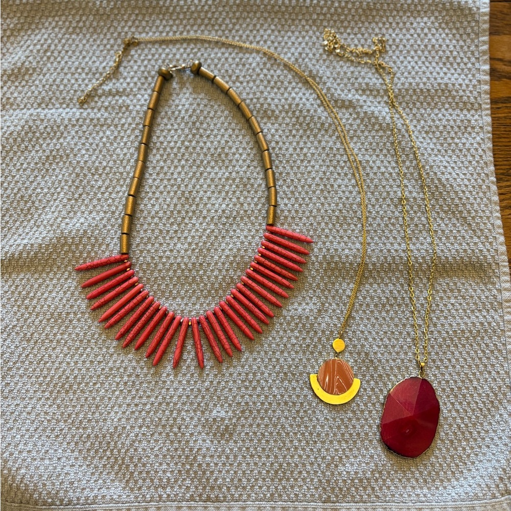 1 Coral, Red, Pink, &  Gold Dramatic Spike Necklace, 2 Gemstone Necklaces